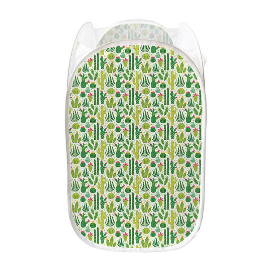 White Cactus Plant Pattern Print Mesh Laundry Hamper