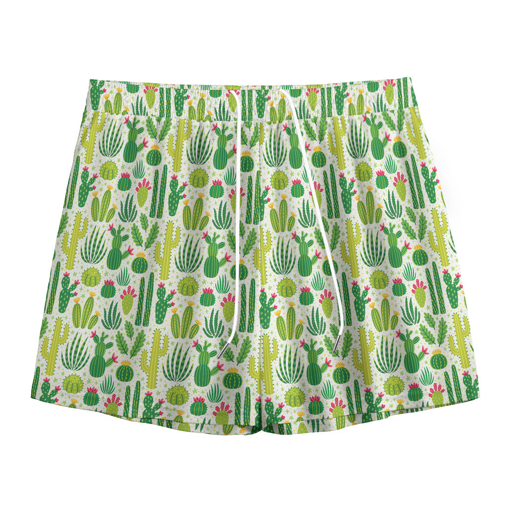 White Cactus Plant Pattern Print Mesh Shorts