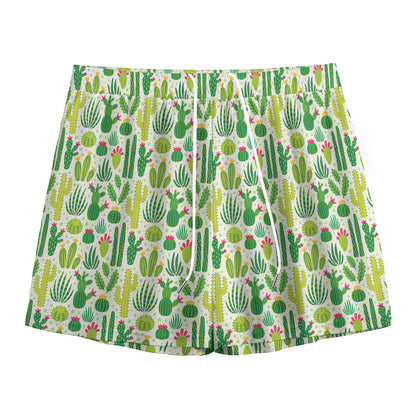 White Cactus Plant Pattern Print Mesh Shorts