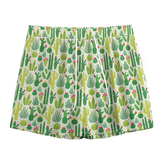 White Cactus Plant Pattern Print Mesh Shorts