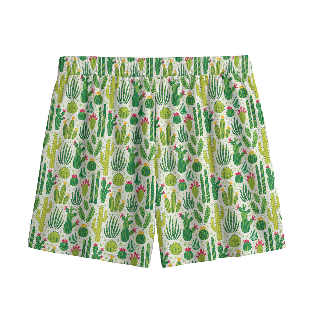 White Cactus Plant Pattern Print Mesh Shorts