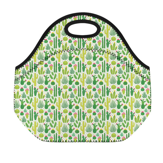 White Cactus Plant Pattern Print Neoprene Lunch Bag