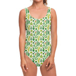 White Cactus Plant Pattern Print One Piece Swimsuit