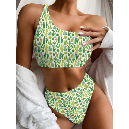 White Cactus Plant Pattern Print One Shoulder Bikini Top