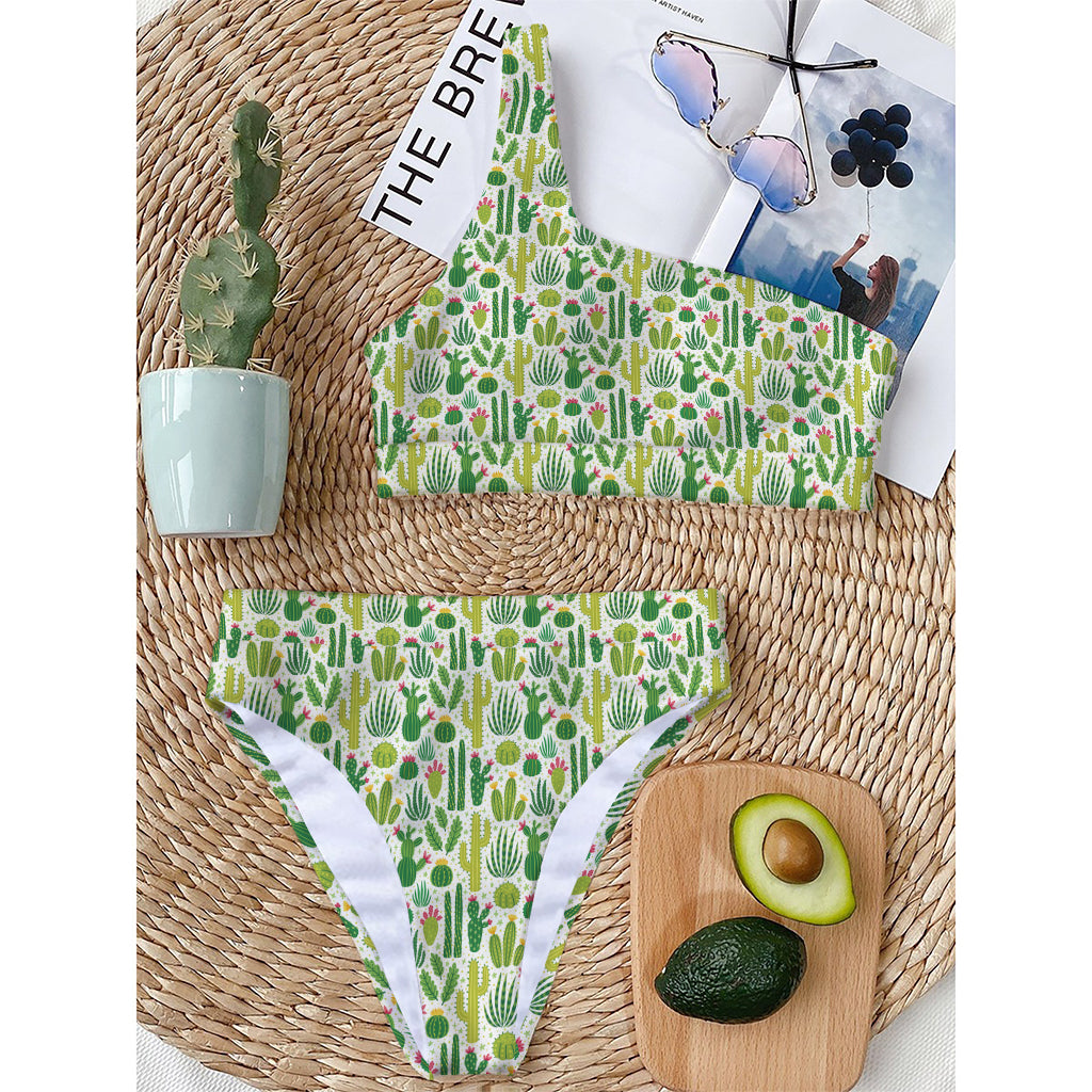 White Cactus Plant Pattern Print One Shoulder Bikini Top