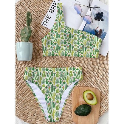 White Cactus Plant Pattern Print One Shoulder Bikini Top