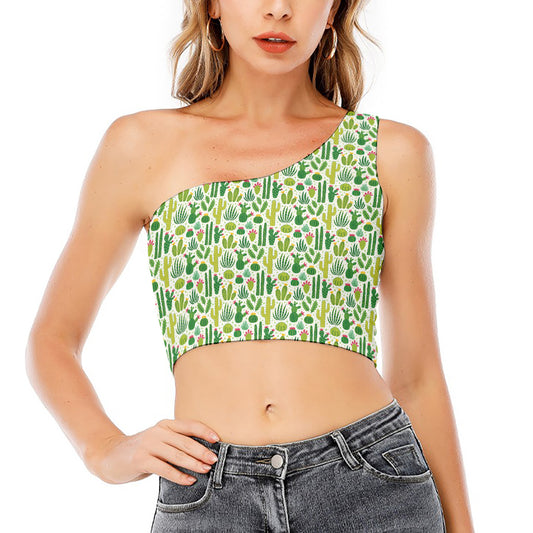 White Cactus Plant Pattern Print One Shoulder Crop Top