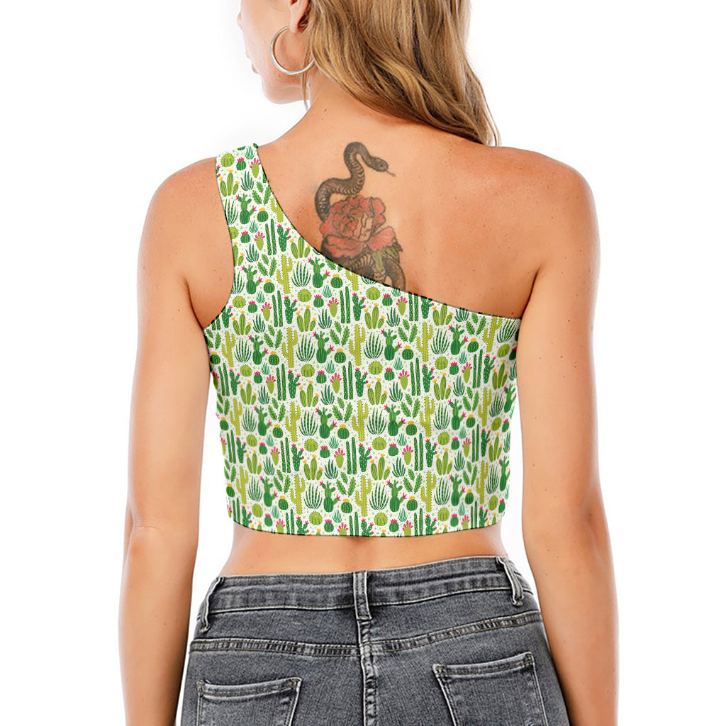 White Cactus Plant Pattern Print One Shoulder Crop Top