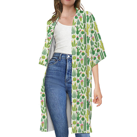 White Cactus Plant Pattern Print Open Front Beach Cover Up