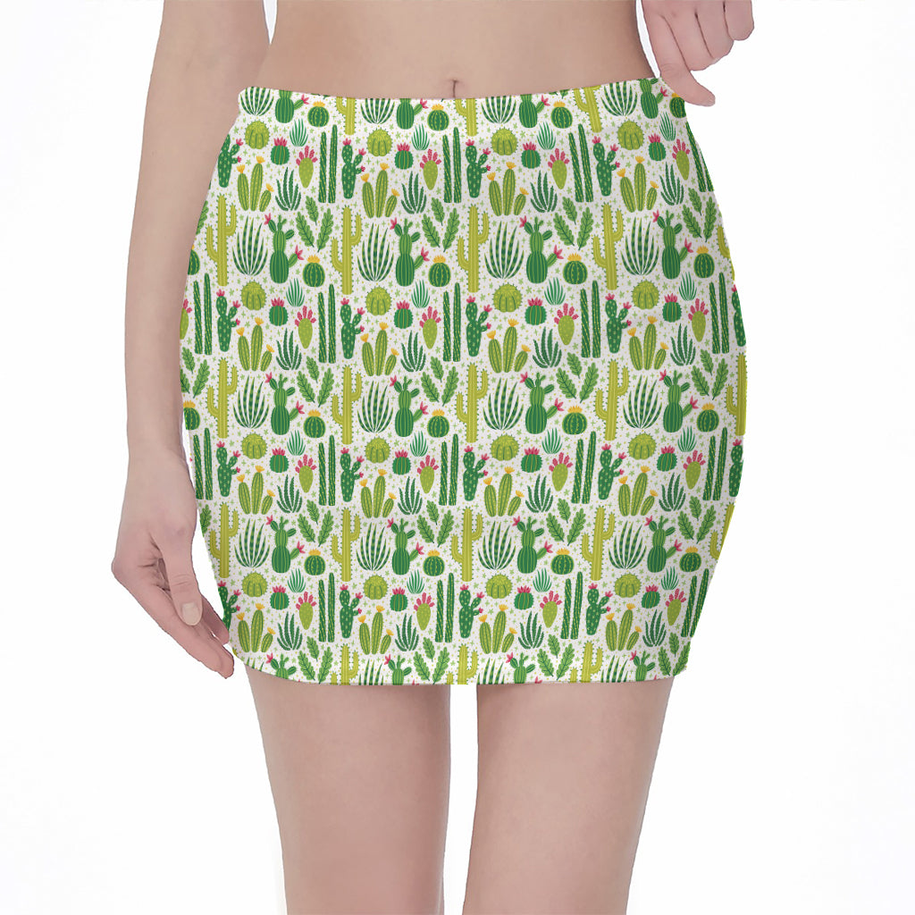 White Cactus Plant Pattern Print Pencil Mini Skirt