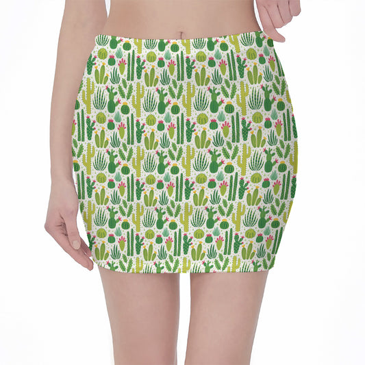 White Cactus Plant Pattern Print Pencil Mini Skirt