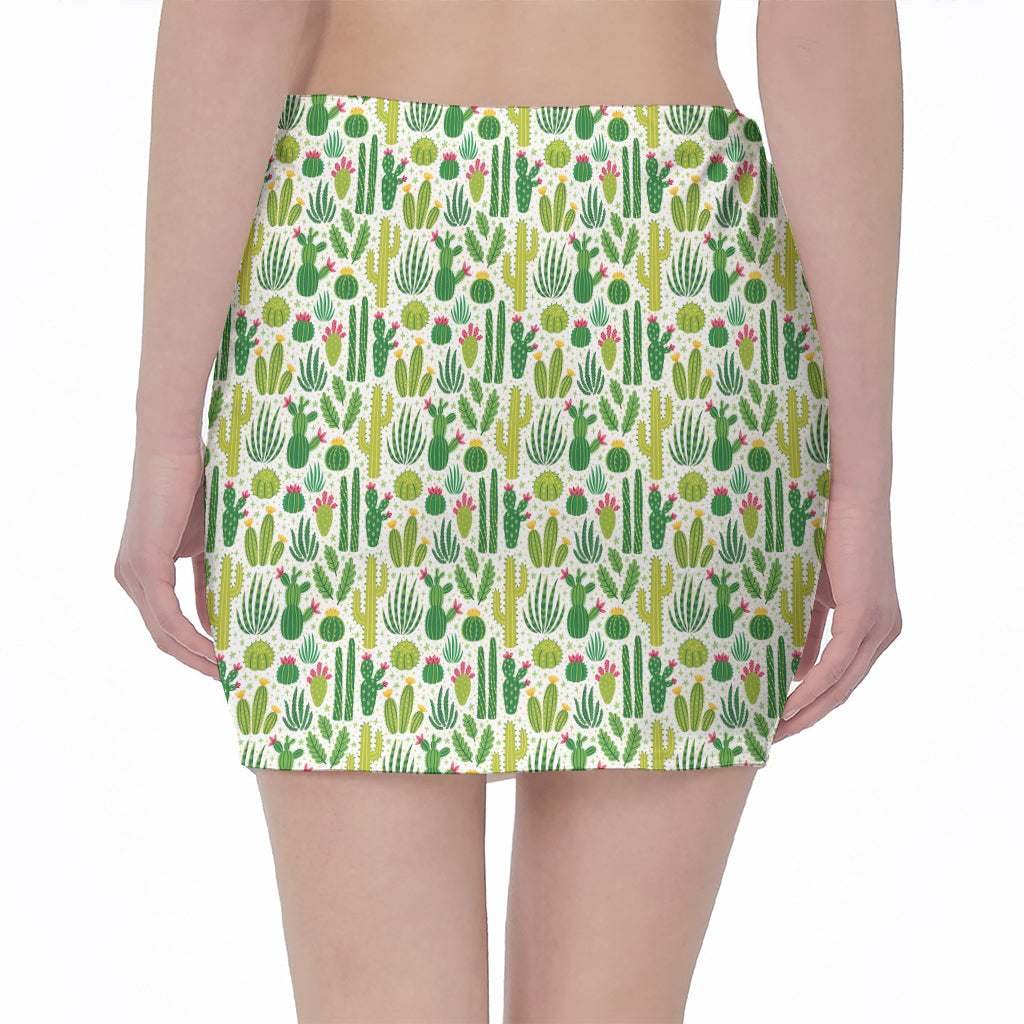 White Cactus Plant Pattern Print Pencil Mini Skirt