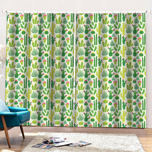 White Cactus Plant Pattern Print Pencil Pleat Curtains