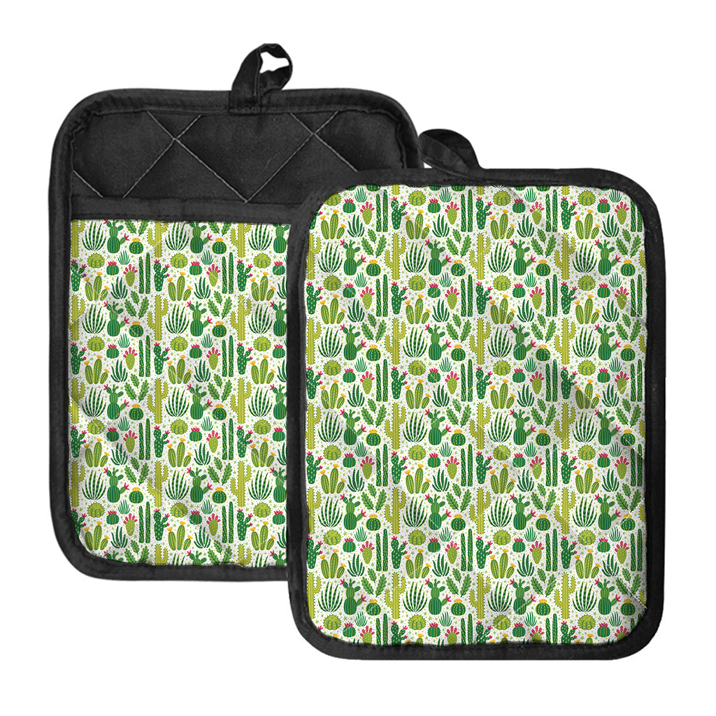 White Cactus Plant Pattern Print Pot Holders With Pocket