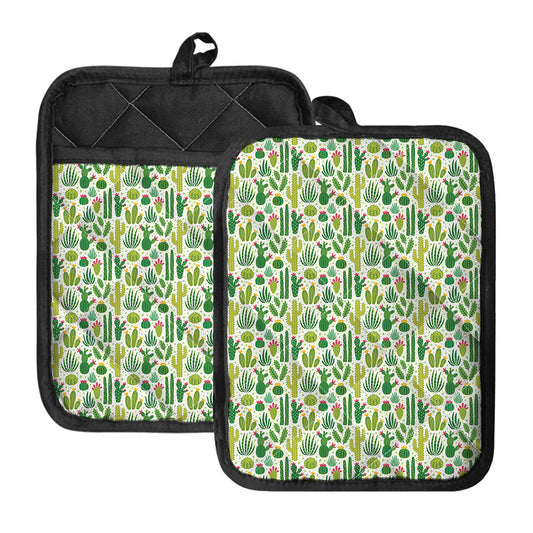 White Cactus Plant Pattern Print Pot Holders With Pocket