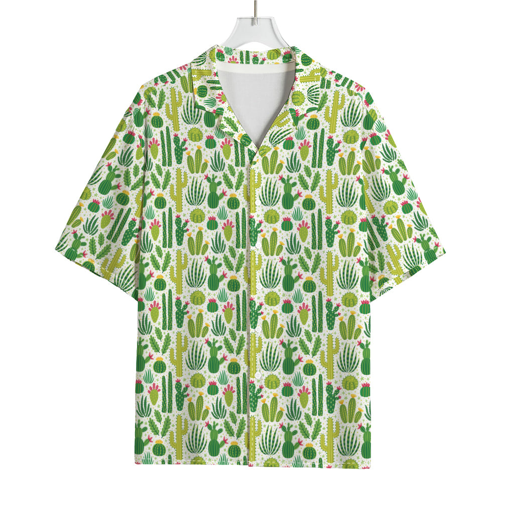 White Cactus Plant Pattern Print Rayon Hawaiian Shirt