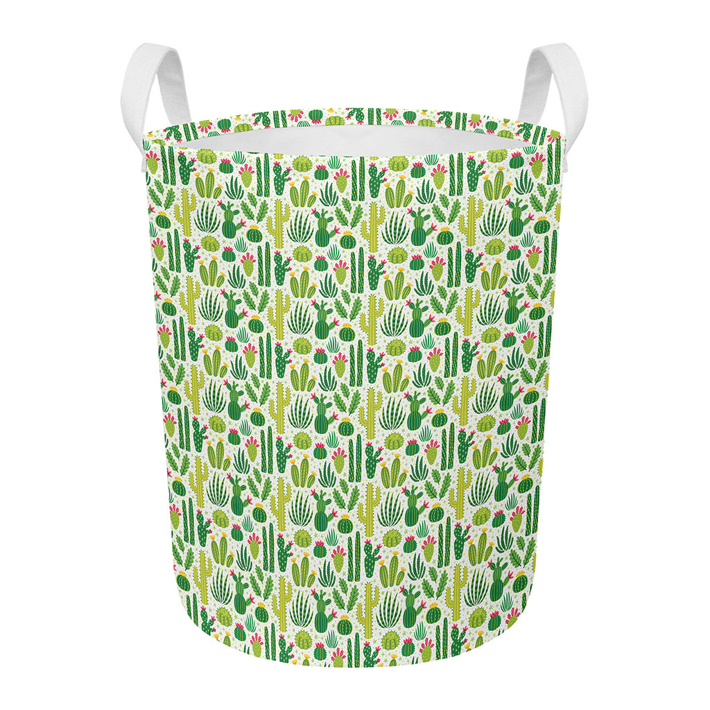 White Cactus Plant Pattern Print Round Laundry Basket