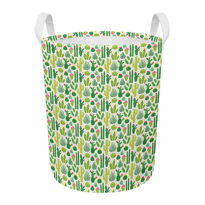 White Cactus Plant Pattern Print Round Laundry Basket