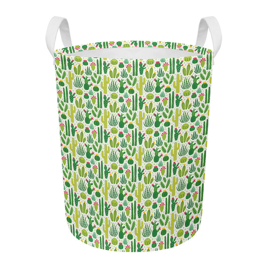 White Cactus Plant Pattern Print Round Laundry Basket