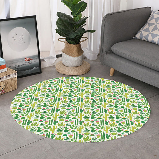 White Cactus Plant Pattern Print Round Rug