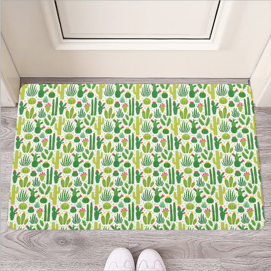 White Cactus Plant Pattern Print Rubber Doormat