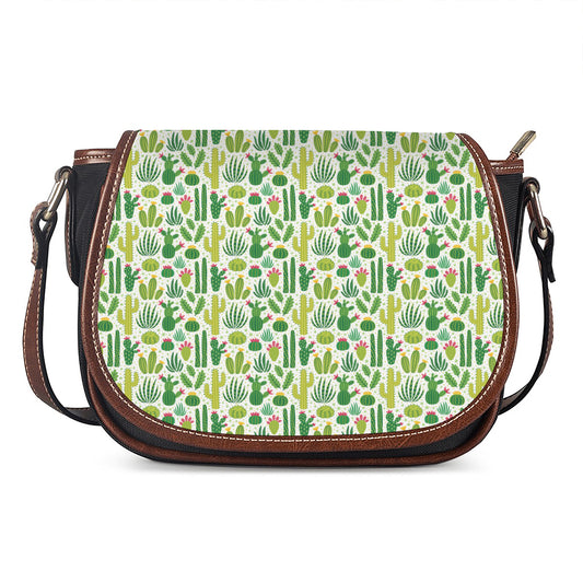 White Cactus Plant Pattern Print Saddle Bag