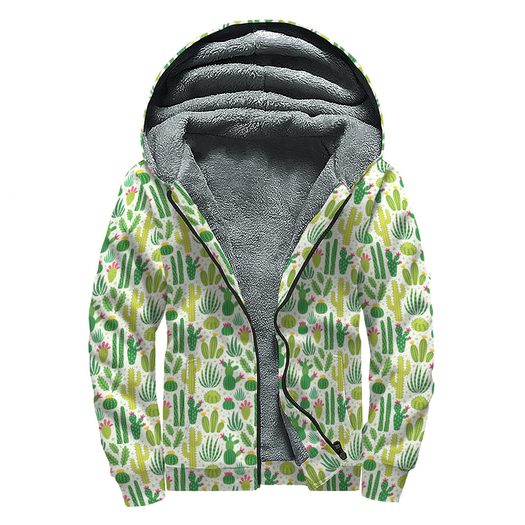 White Cactus Plant Pattern Print Sherpa Lined Zip Up Hoodie