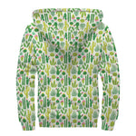 White Cactus Plant Pattern Print Sherpa Lined Zip Up Hoodie