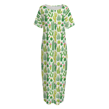 White Cactus Plant Pattern Print Short Sleeve Long Nightdress