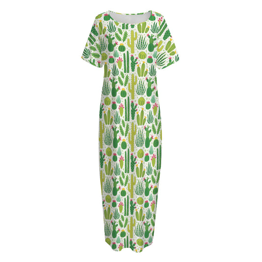 White Cactus Plant Pattern Print Short Sleeve Long Nightdress