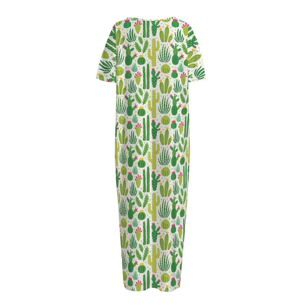 White Cactus Plant Pattern Print Short Sleeve Long Nightdress