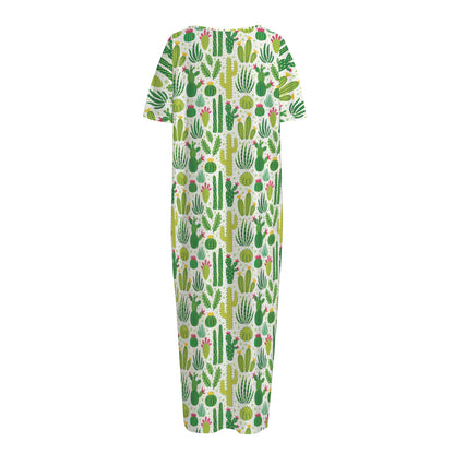 White Cactus Plant Pattern Print Short Sleeve Long Nightdress