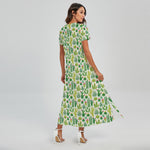 White Cactus Plant Pattern Print Short Sleeve Maxi Dress