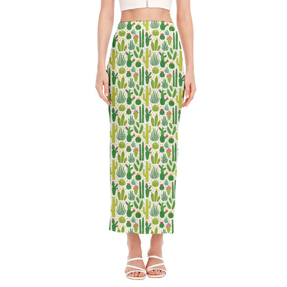 White Cactus Plant Pattern Print Side Slit Maxi Skirt
