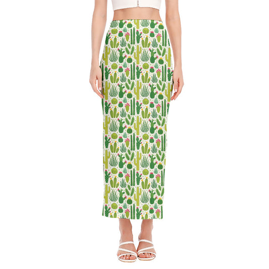 White Cactus Plant Pattern Print Side Slit Maxi Skirt