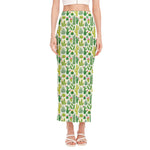 White Cactus Plant Pattern Print Side Slit Maxi Skirt