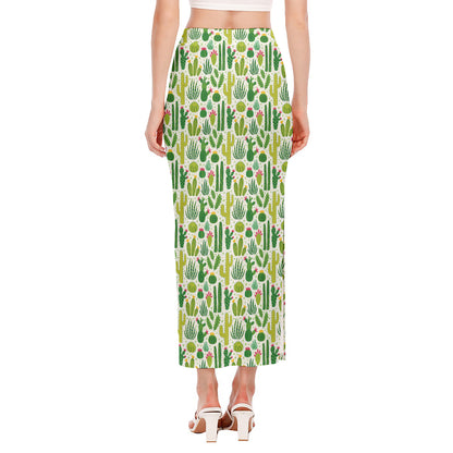 White Cactus Plant Pattern Print Side Slit Maxi Skirt
