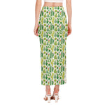 White Cactus Plant Pattern Print Side Slit Maxi Skirt