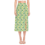 White Cactus Plant Pattern Print Side Slit Midi Skirt