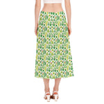 White Cactus Plant Pattern Print Side Slit Midi Skirt