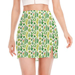 White Cactus Plant Pattern Print Side Slit Mini Skirt