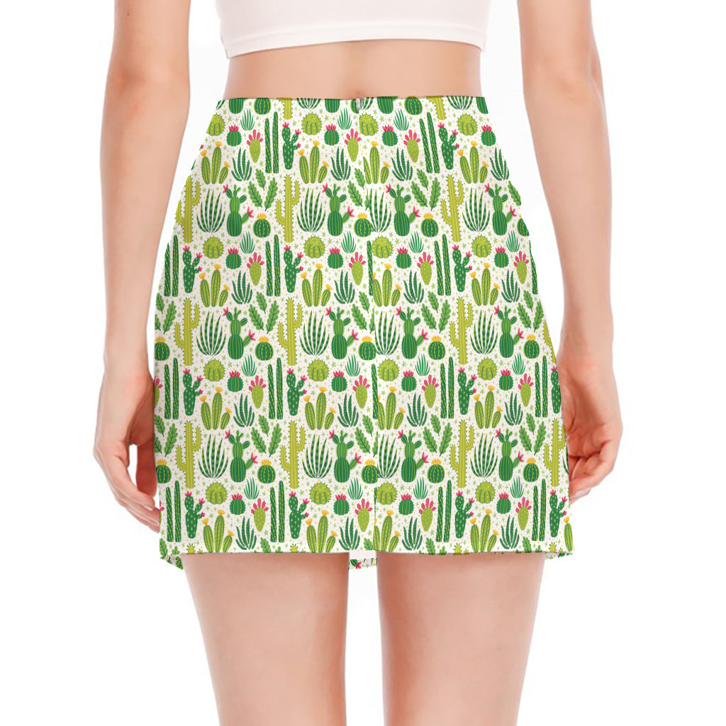 White Cactus Plant Pattern Print Side Slit Mini Skirt