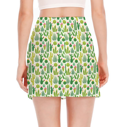 White Cactus Plant Pattern Print Side Slit Mini Skirt