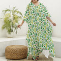 White Cactus Plant Pattern Print Silk V-Neck Kaftan Dress