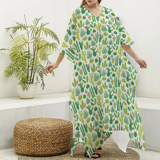 White Cactus Plant Pattern Print Silk V-Neck Kaftan Dress