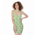 White Cactus Plant Pattern Print Sleeveless Bodycon Dress