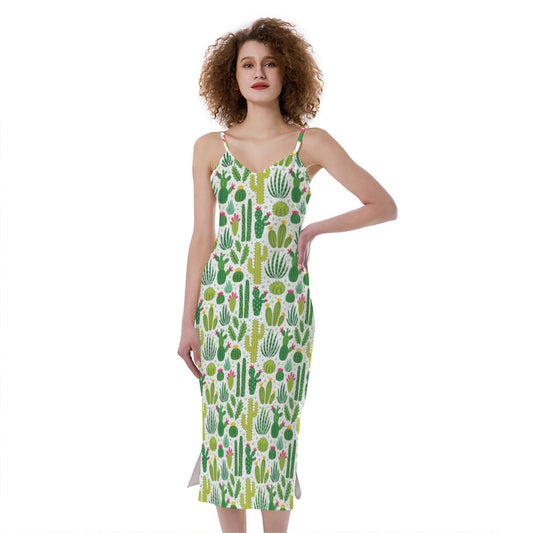 White Cactus Plant Pattern Print Slim Fit Midi Cami Dress