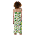 White Cactus Plant Pattern Print Slim Fit Midi Cami Dress