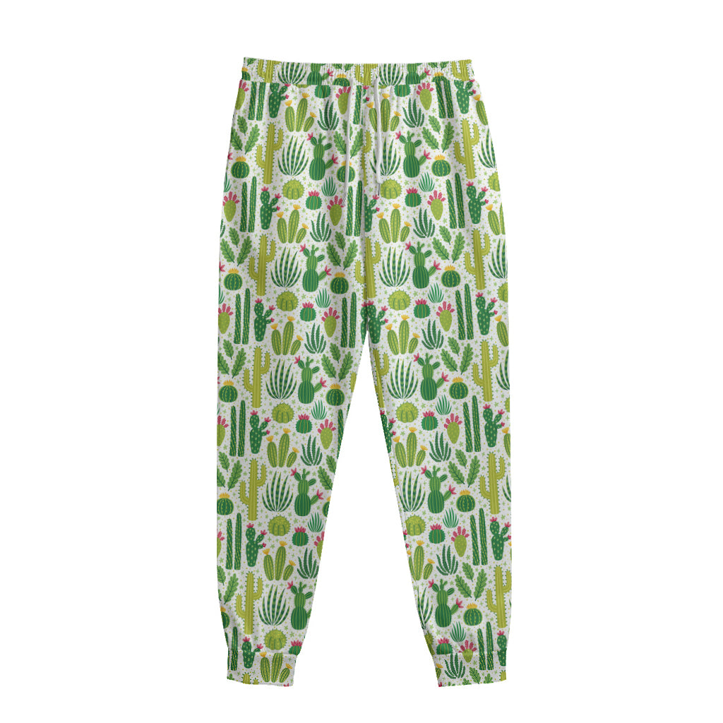 White Cactus Plant Pattern Print Sweatpants
