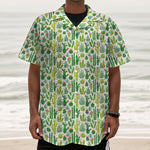 White Cactus Plant Pattern Print Textured Short Sleeve Shirt